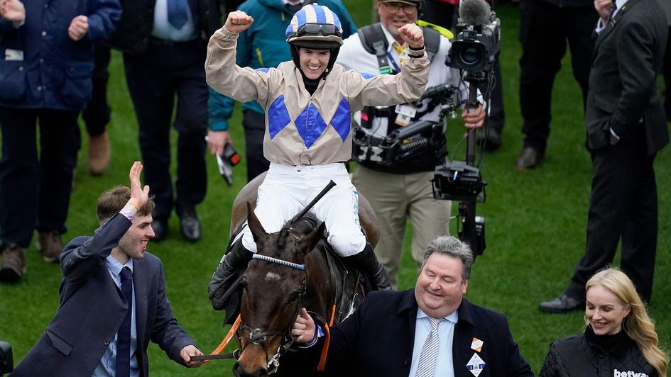 Rachael Blackmore celebrates on Captain Guinness