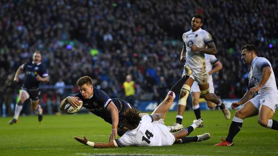 Huw Jones scores Scotland's third try against England