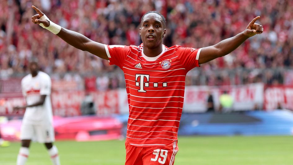 Mathys Tel celebrates a goal against Stuttgart