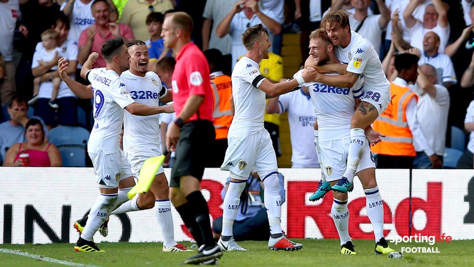 Leeds United celebrate Liam Cooper's goal against Stoke City