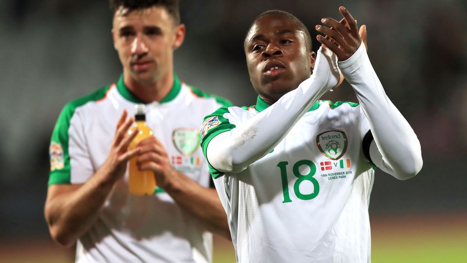 Republic of Irelandsub Michael Obafemi applauds the fans