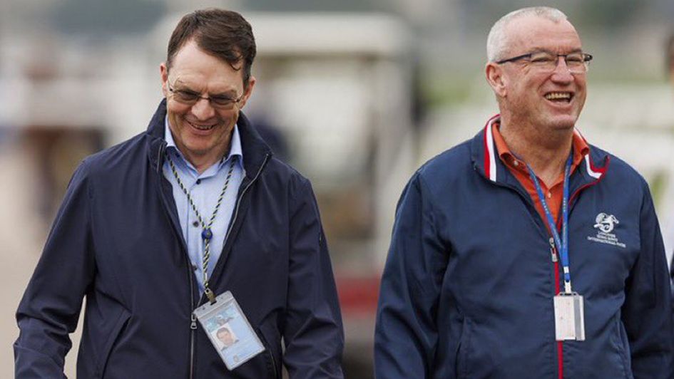 Aidan O'Brien shares a joke with the HKJC’s Greg Carpenter (Alex Evers for HKJC)