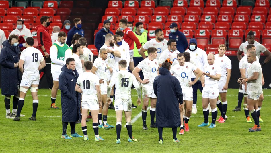 A dejected England squad after their defeat to Wales