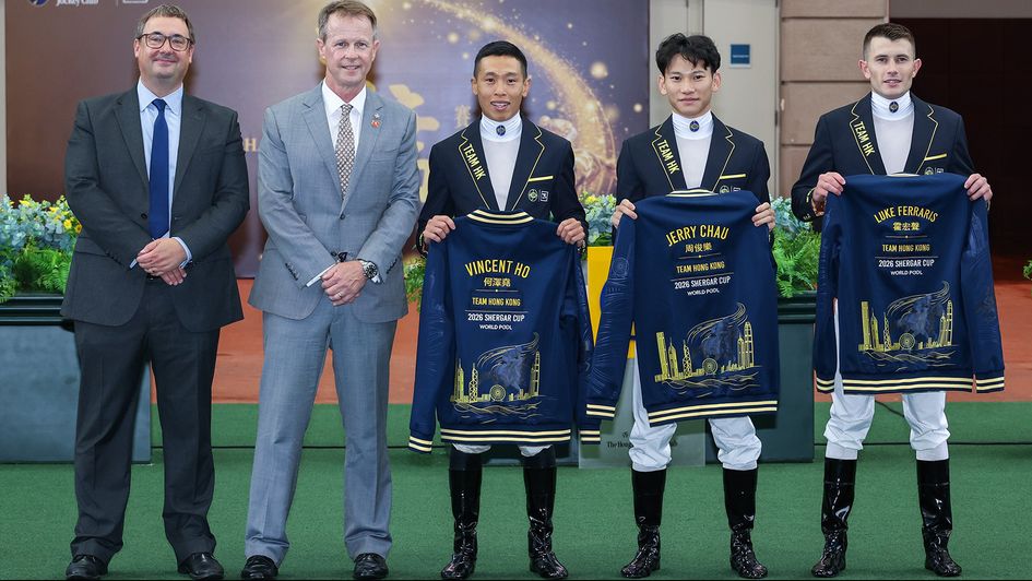 Nick Smith, Director of Racing and Public Affairs, Ascot Racecourse (far left) and Andrew Harding, Executive Director, Racing, The Hong Kong Jockey Club present the official Hong Kong team jackets to jockeys Vincent Ho, Jerry Chau and Luke Ferraris