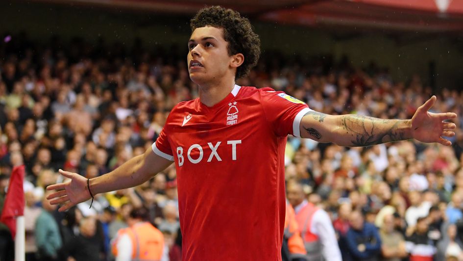 Brennan Johnson celebrates a goal for Nottingham Forest