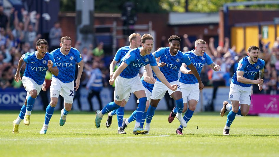 Stockport celebrate their win on penalties over Salford