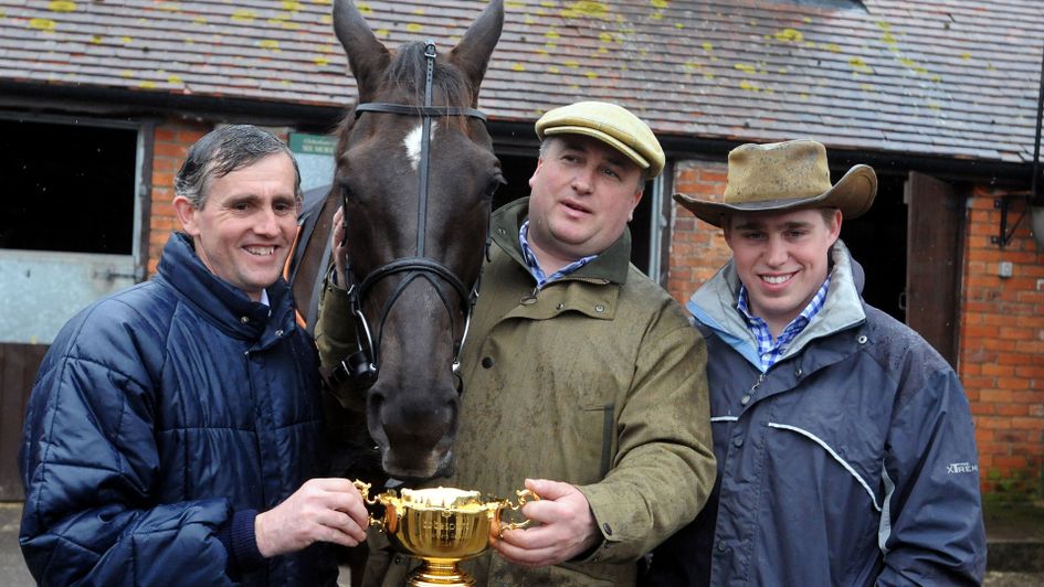 Denman stands with Clifford Baker (left to right) Paul Nicholls and Dan Skelton