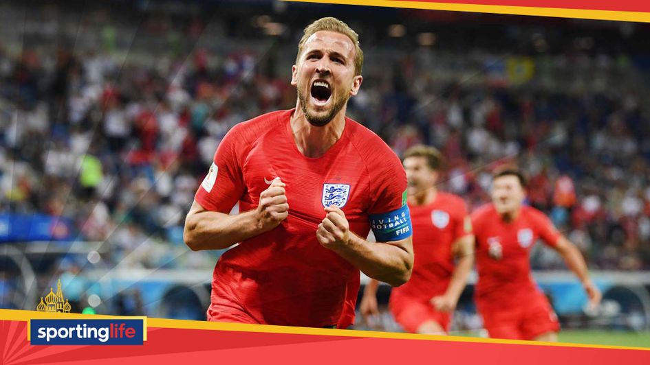 Harry Kane celebrates his goal for England at the World Cup