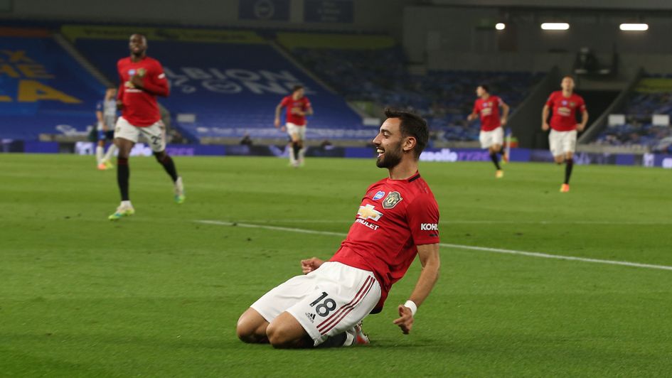 Bruno Fernandes: Portuguese midfielder celebrates his second goal in Man United's win at Brighton