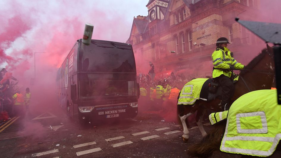 The Manchester City team bus on arrival to Anfield for City's clash with Liverpool