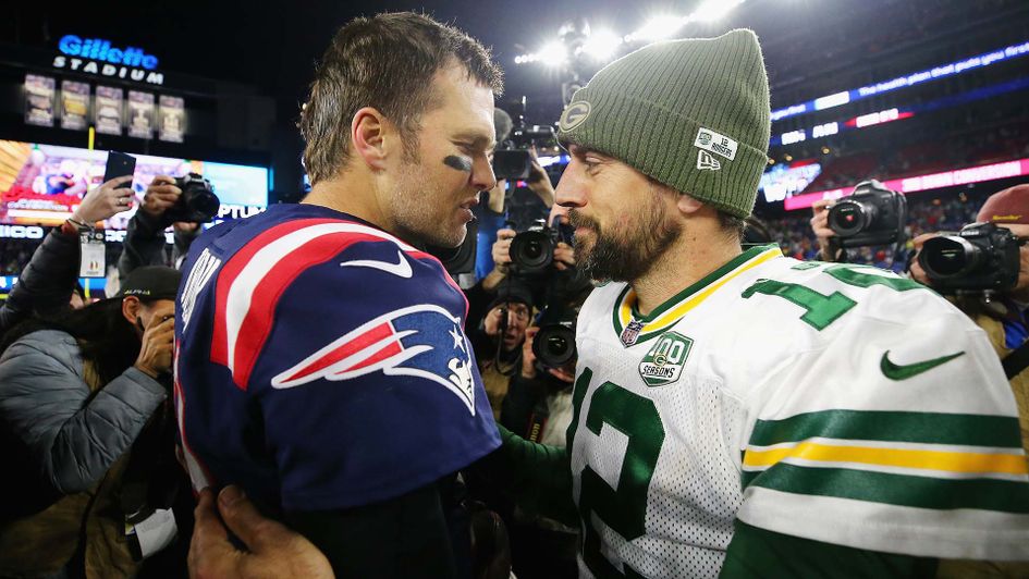 Tom Brady and Aaron Rodgers shake hands after the New England Patriots beat the Green Bay Packers