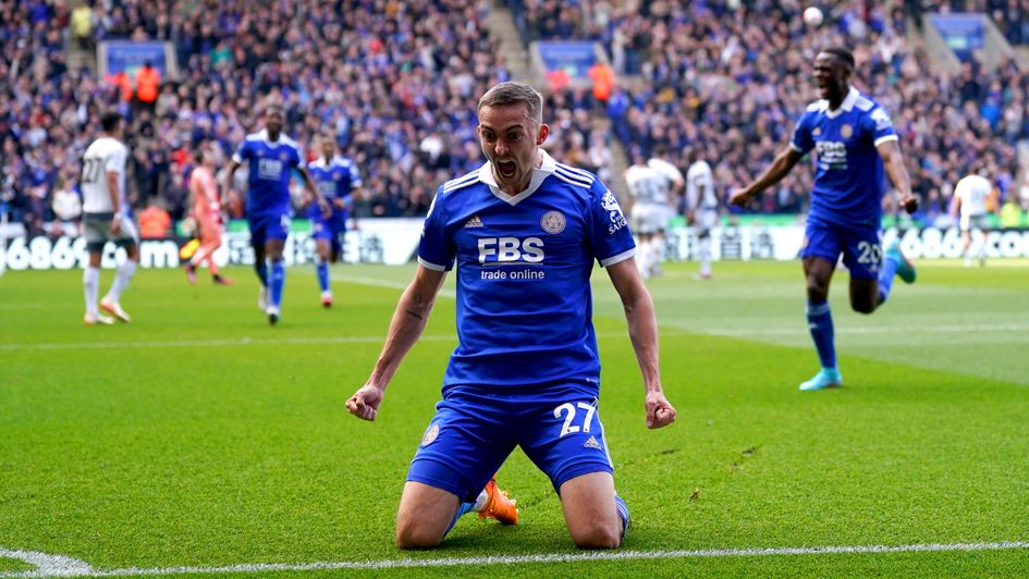 Timothy Castagne celebrates his goal against Wolves