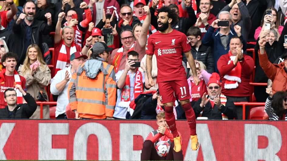 Mohamed Salah celebrates Liverpool's third goal
