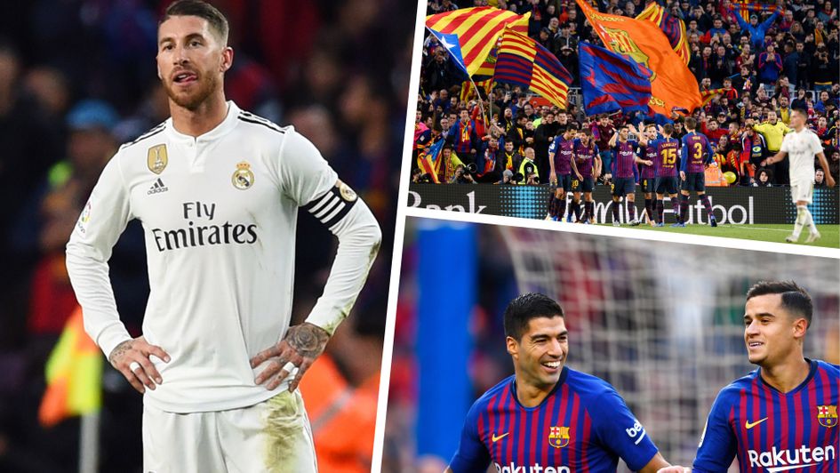 El Clasico defeat for Sergio Ramos (left), celebrations for Barca (right)