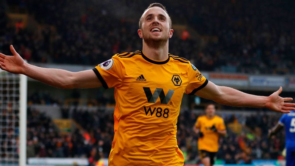 Diogo Jota celebrates his second goal, as he puts Wolves 3-2 up against Leicester