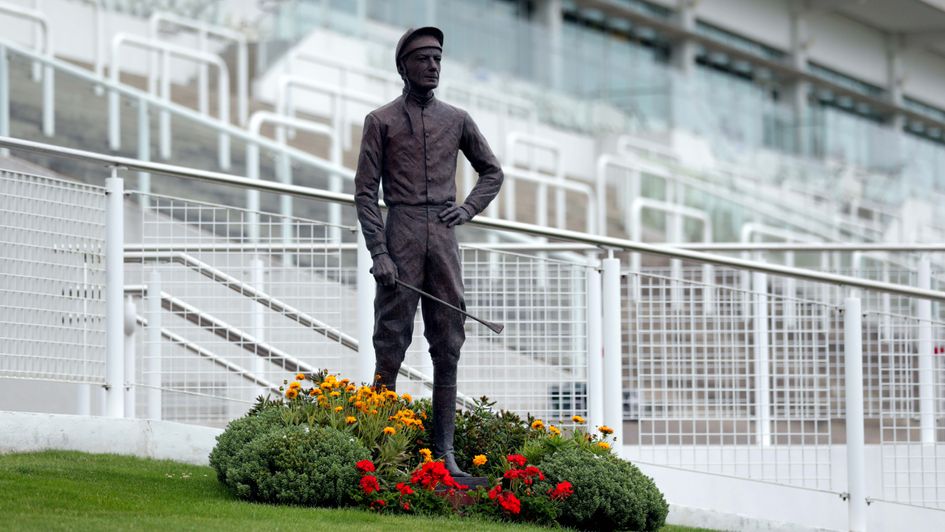 The famous Lester Piggott statue at Epsom Downs Racecourse