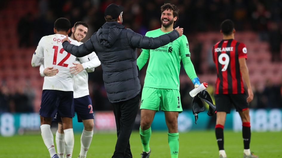 Jurgen Klopp and Alisson celebrate Liverpool's clean sheet win over Bournemouth
