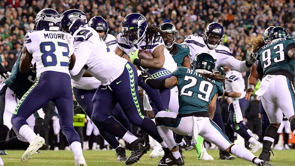 Marshawn Lynch of the Seattle Seahawks scores against the Philadelphia Eagles