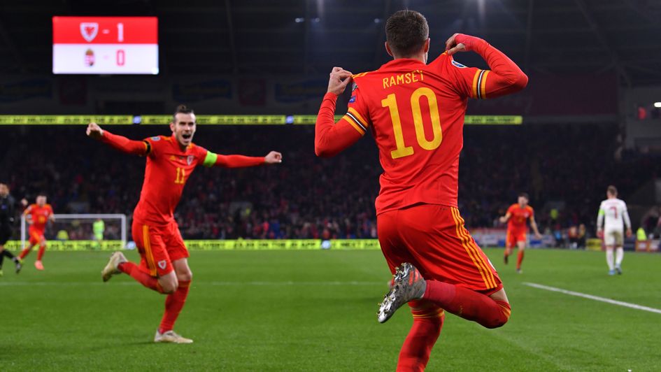 Gareth Bale and Aaron Ramsey celebrate as Wales qualify for Euro 2020
