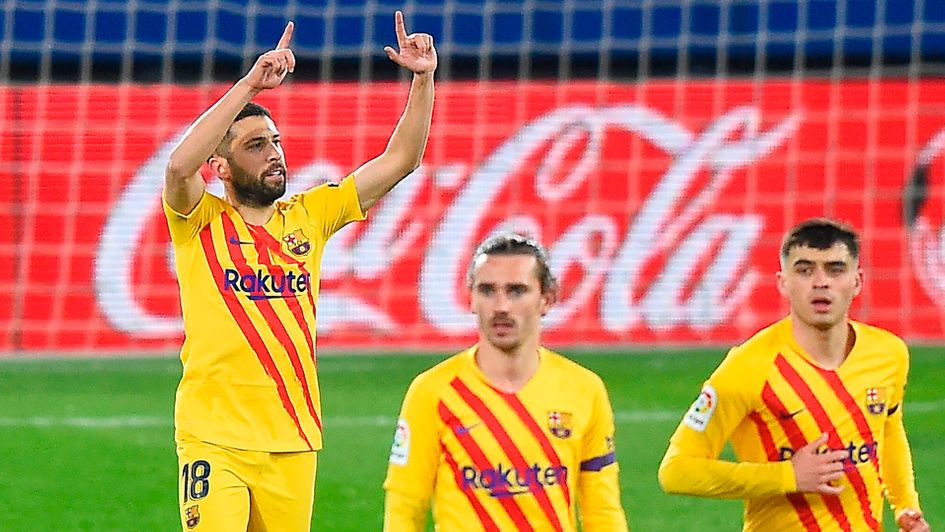 Jordi Alba celebrates his goal against Osasuna