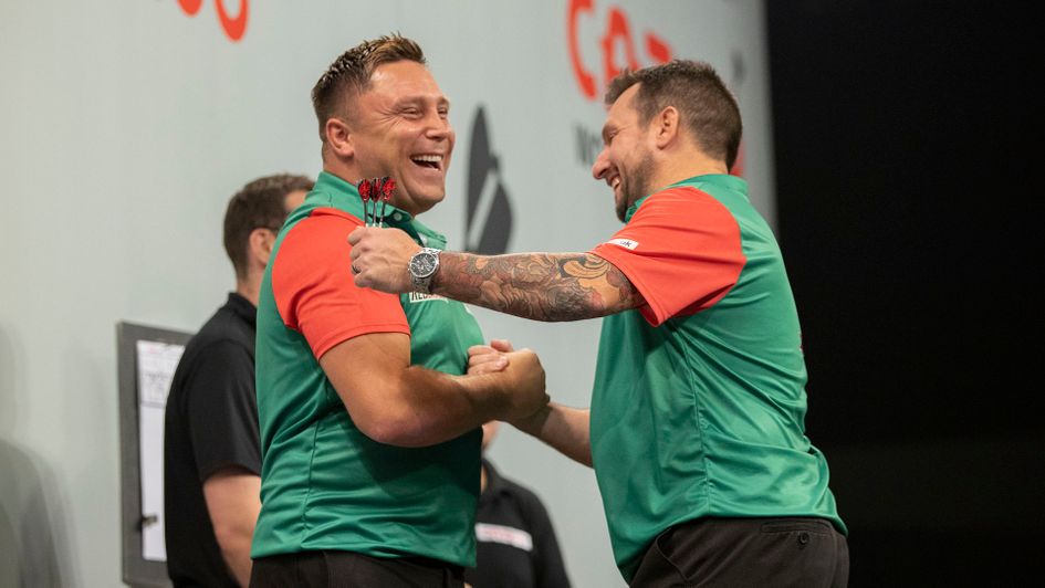 Gerwyn Price and Jonny Clayton celebrate for Wales (Picture: Lawrence Lustig/PDC)