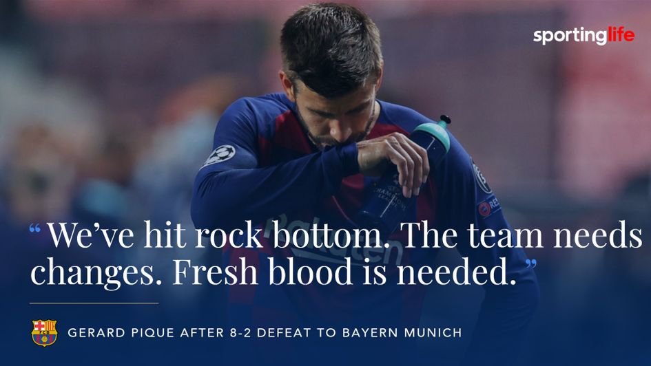 Gerard Pique reacts to Barcelona being beaten 8-2 by Bayern Munich in the Champions League