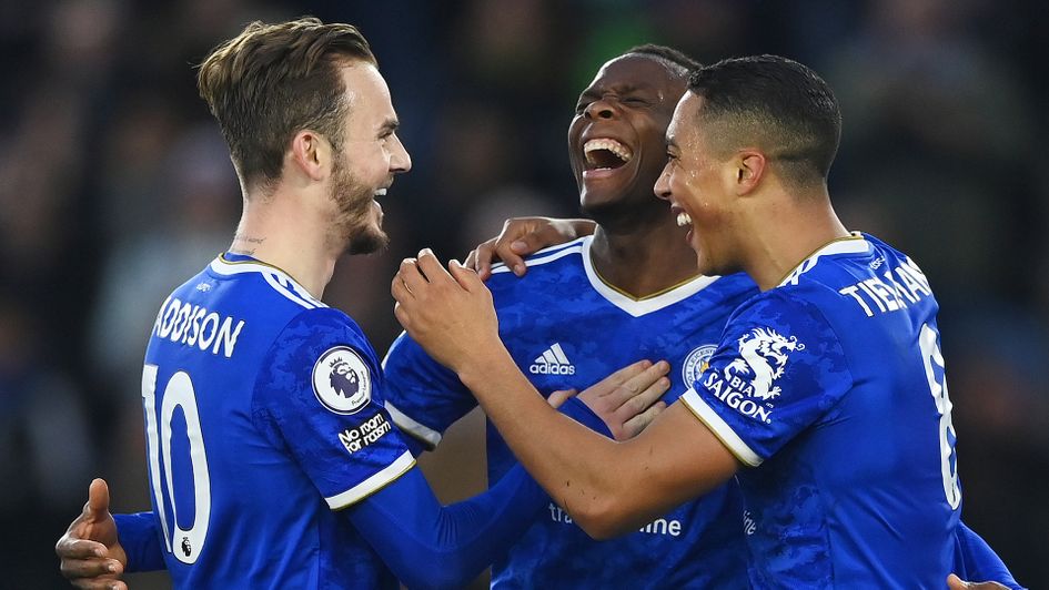 Youri Tielemans celebrates with James Maddison and Patson Daka