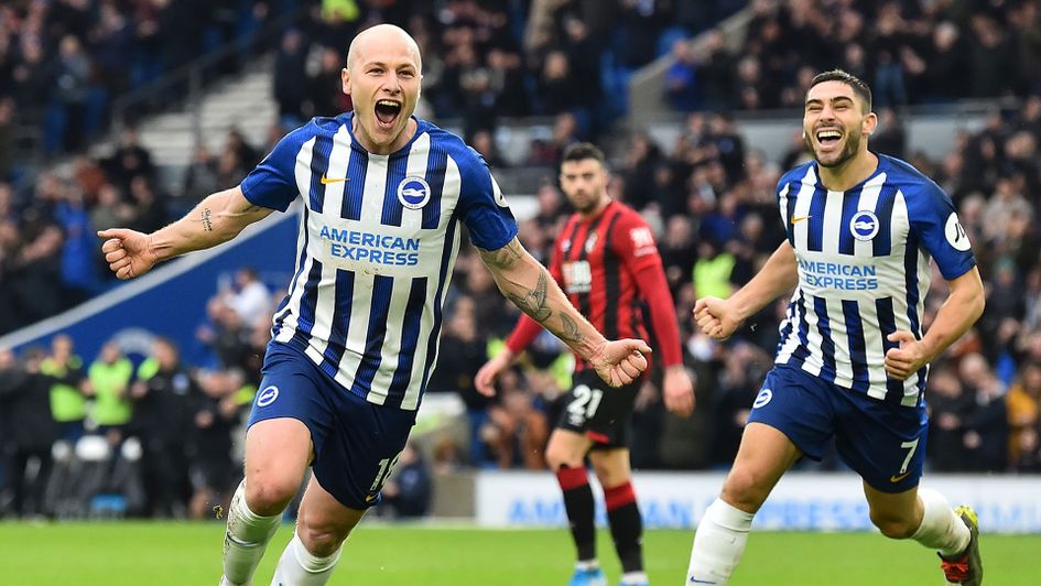 Aaron Mooy celebrates his goal in Brighton's 2-0 victory over Bournemouth
