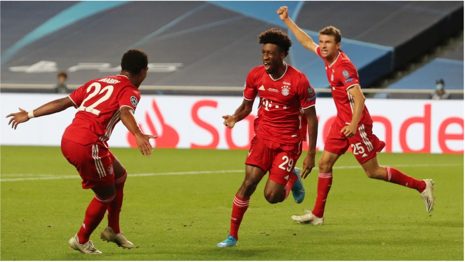 Kingsley Coman celebrates scoring during PSG v Bayern in the Champions League final