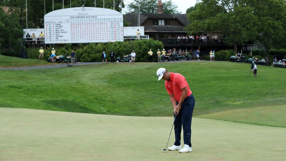 Jon Rahm: In action on the 18th green the Memorial Tournament in Ohio, USA