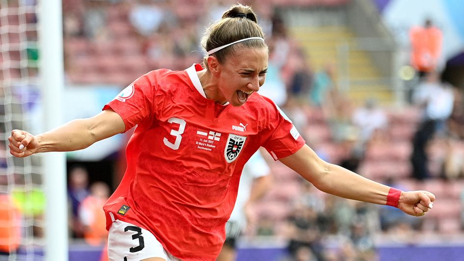 Katharina Naschenweng celebrates her goal against Northern Ireland