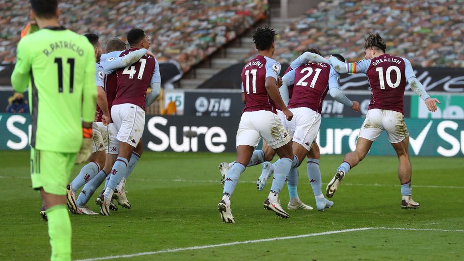Aston Villa celebrate Anwar El Ghazi's late winner at Wolves