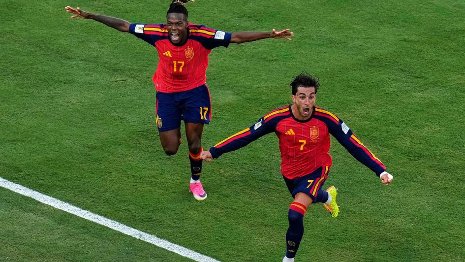 Ferran Torres (7) celebrates after scoring the winner in the World Cup final between Spain and Argentina
