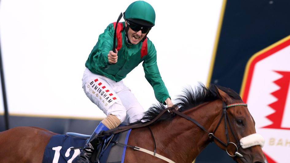 Chris Hayes celebrates winning the Matron Stakes on Tahiyra