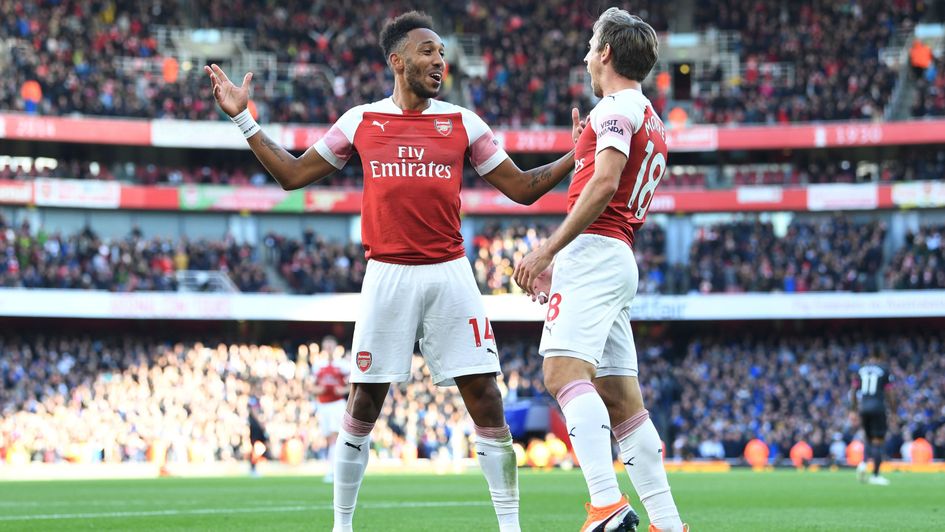 Pierre-Emerick Aubameyang (left) celebrates his Arsenal goal with Nacho Monreal