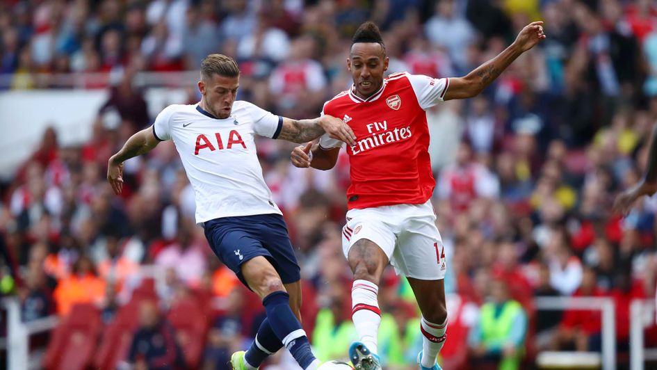 Pierre-Emerick Aubameyang and Toby Alderweireld in action during Arsenal v Tottenham