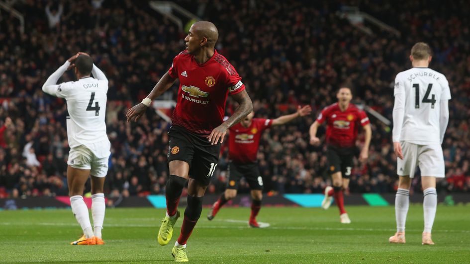 Ashley Young celebrates after scoring against Fulham at Old Traffrd