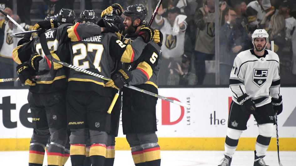 Vegas Golden Knights celebrate their first ever Stanley Cup playoffs goal