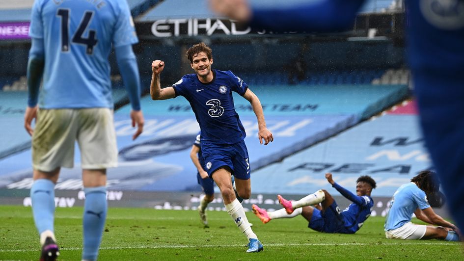 Marcos Alonso celebrates his goal against Manchester City