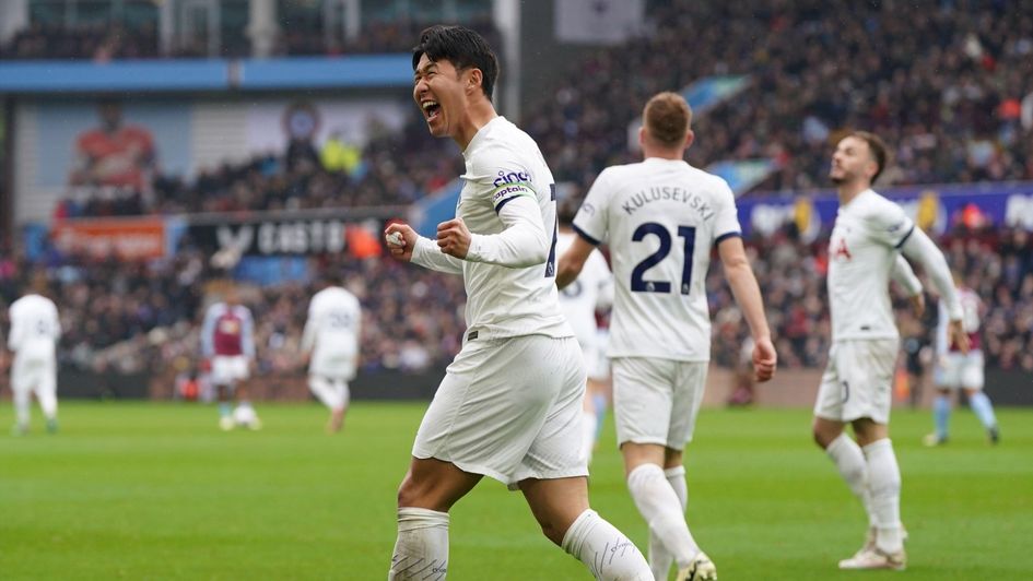 Son Heung-min celebrates in Tottenham's 4-0 win at Villa Park