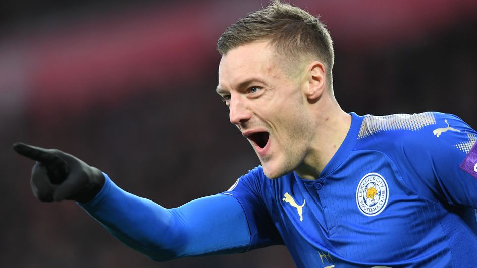 Jamie Vardy celebrates after scoring against Liverpool