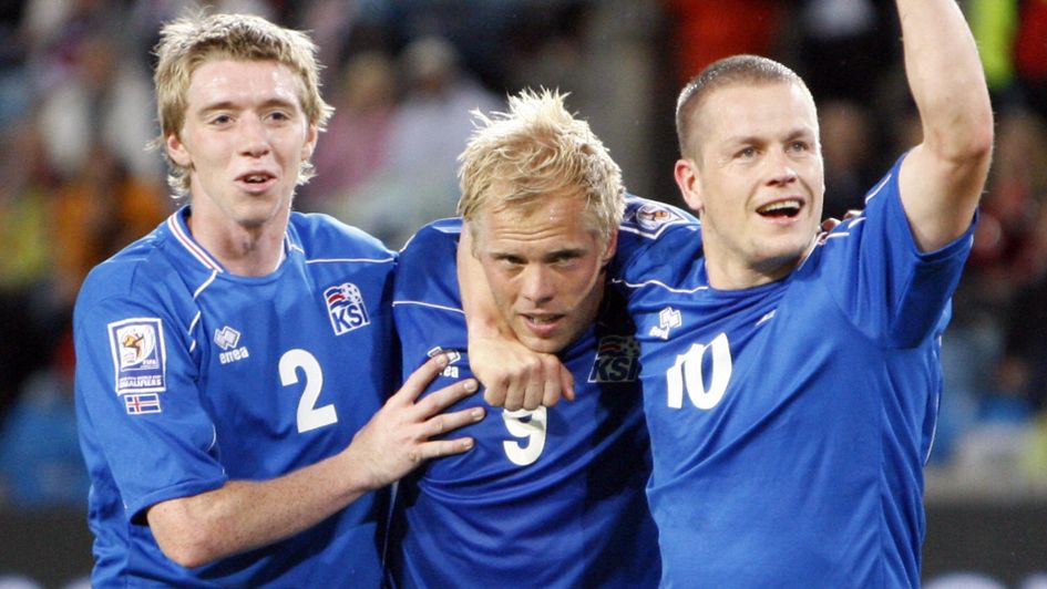 Eidur Gudjohnsen celebrates with his Iceland team-mates after scoring in 2008