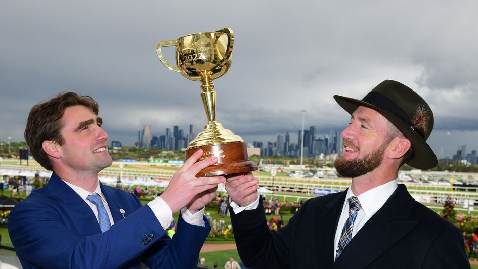 David Eustace (left) and Ciaron Maher celebrate winning the Melbourne Cup