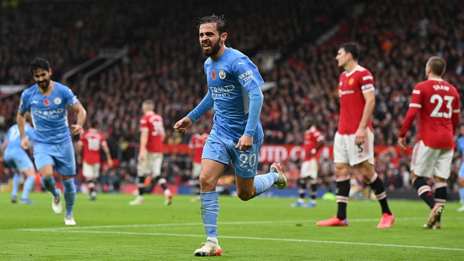 Bernardo Silva celebrates his goal against Manchester United
