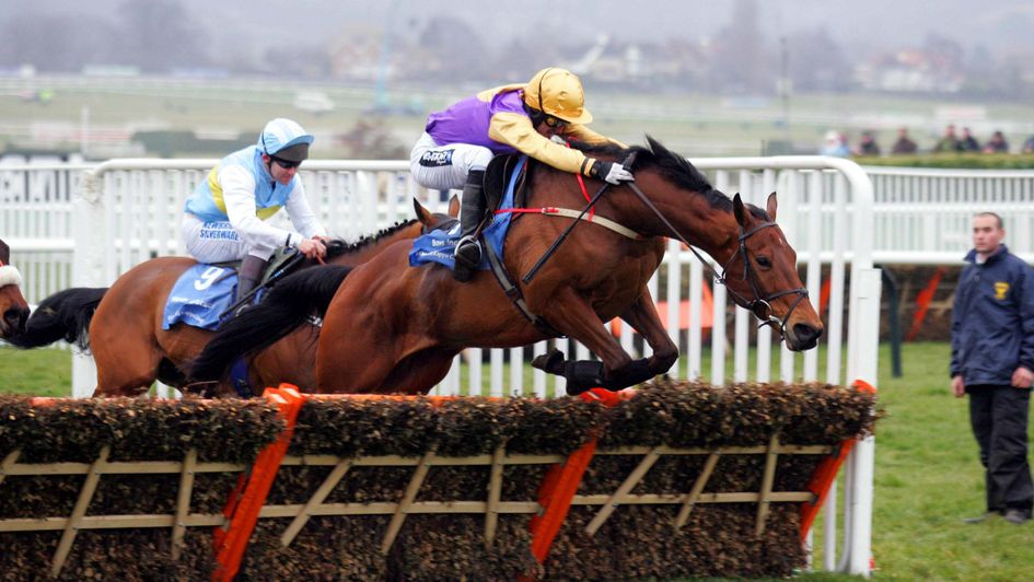 Brave Inca jumps the last on his way to the Champion Hurdle