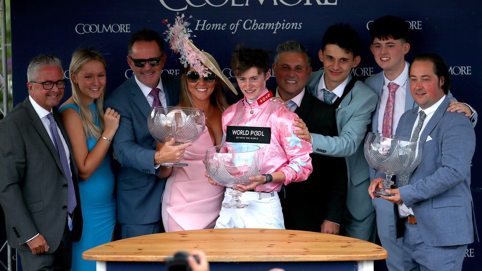 Trainer Adam West (far right) and connections relish Live In The Dream's Nunthorpe win