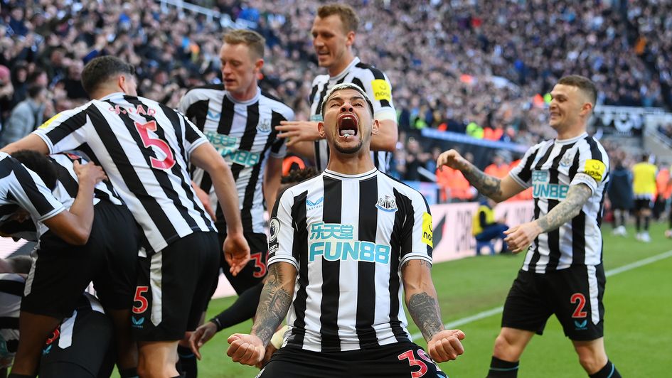 Bruno Guimarães (centre) and Newcastle players celebrate during their victory over Man United