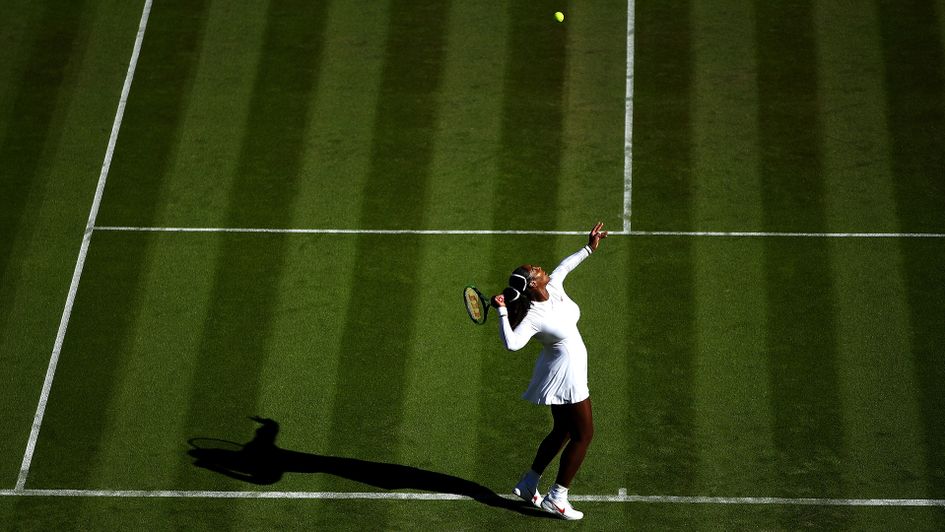 Serena Williams serves during her win over Arantxa Rus at Wimbledon