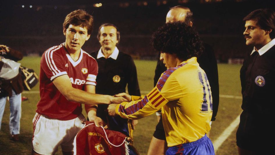 Bryan Robson and Maradona ahead of Manchester United v Barcelona in 1984
