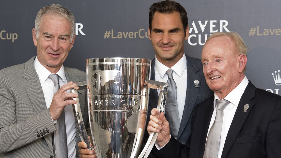 John McEnroe, Roger Federer and Rod Laver with the Laver Cup trophy